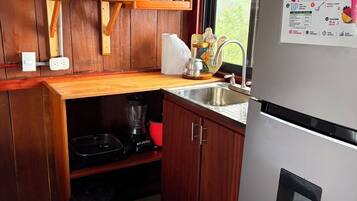 Eine kleine Küche mit Mikrowelle, Kühlschrank, Spüle und Holzschränken.