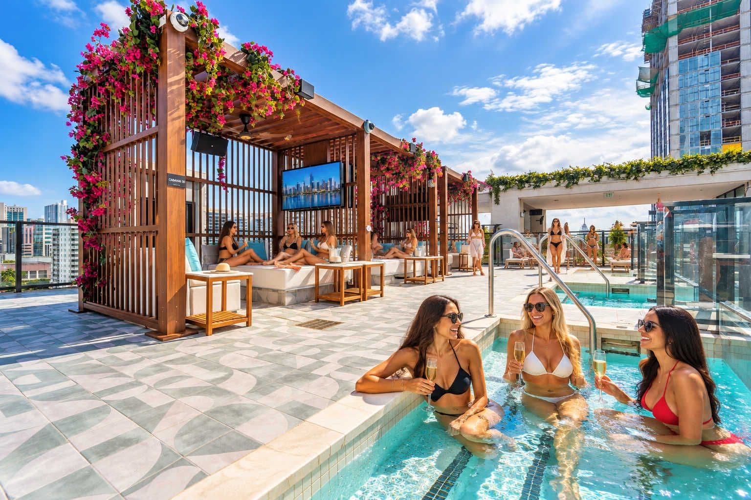 A rooftop pool area with a cityscape view, outdoor seating, and a covered lounge area.