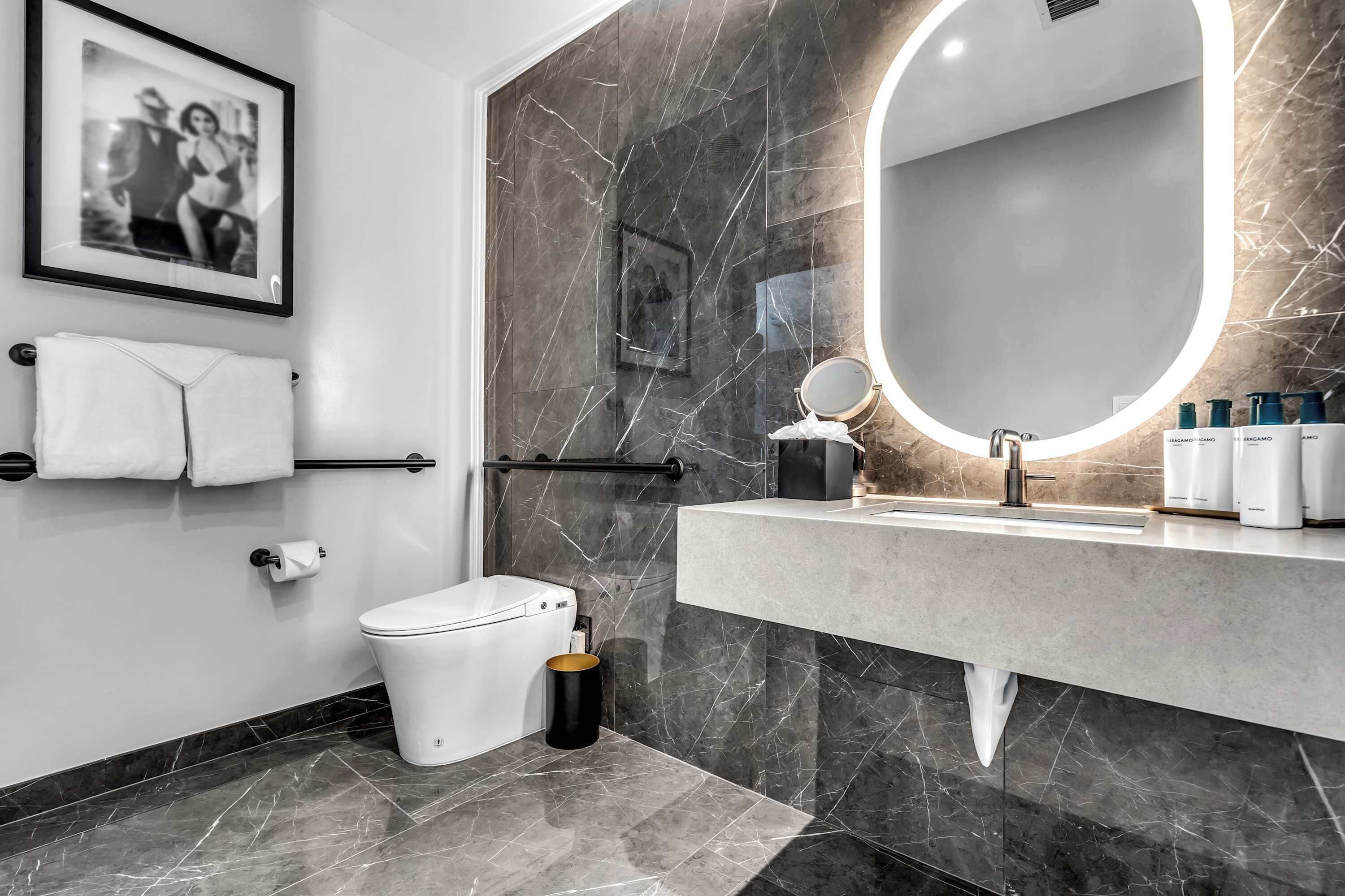 A modern bathroom with a marble sink, a large mirror with a light, a toilet, and a framed photo on the wall.