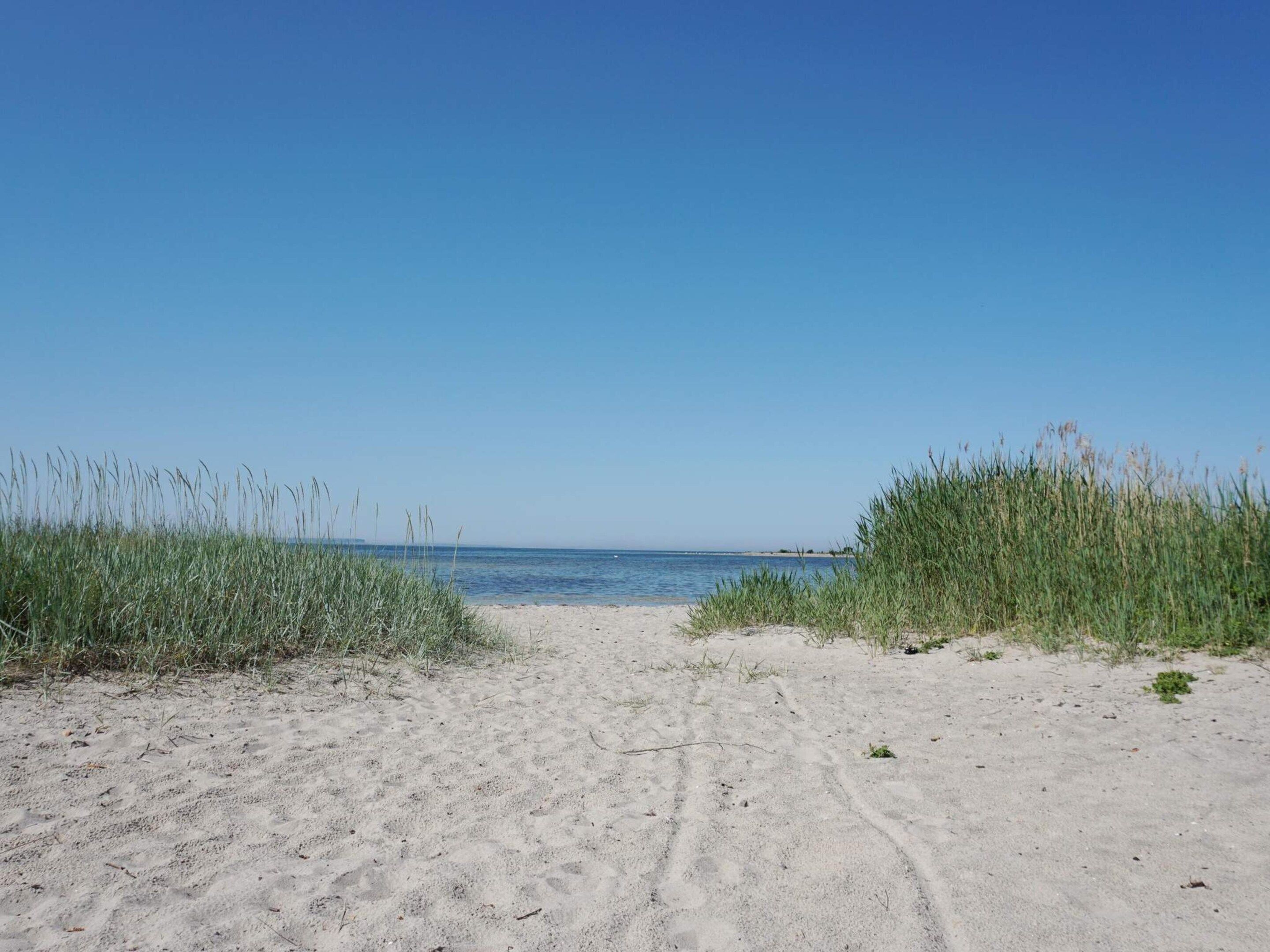 A sandy beach with clear blue sky and calm water.