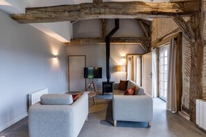 A modern living room with exposed wooden beams, a fireplace, a television, and a sofa. - CHAURRON 2 - ARTHEZ D'ARMAGNAC (ARTHEZ D'ARMAGNAC)