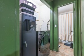 Hair dryer, towels, soap, toilet paper