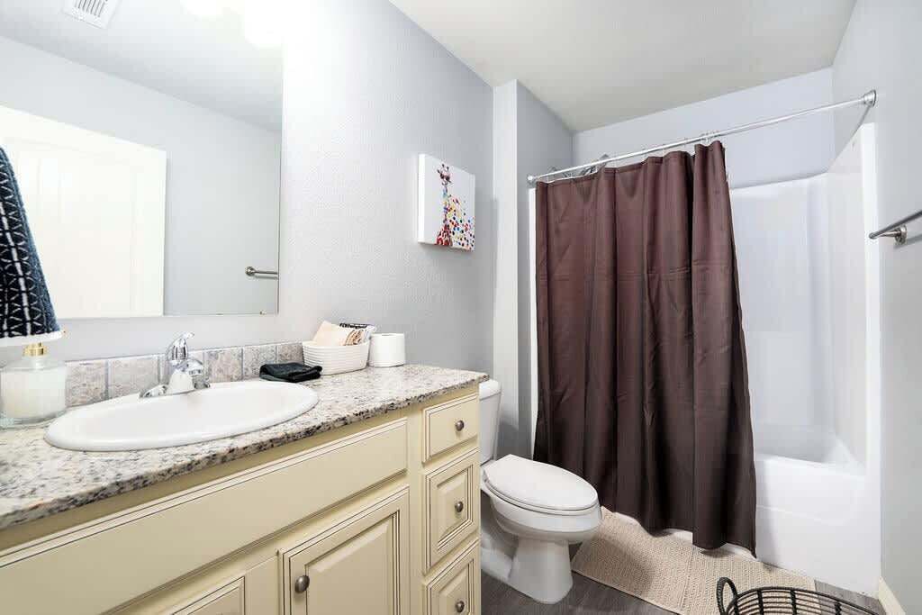 A bathroom with a sink, toilet, and shower curtain.