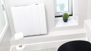 Ein Badezimmer mit Toilette, Heizkörper, Handtuchhalter, einem Fenster mit Pflanze und einer Toilettenpapierrolle.