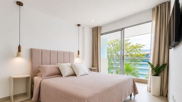 Een moderne slaapkamer met een groot bed, nachtkastjes, een televisie en uitzicht op het groen.