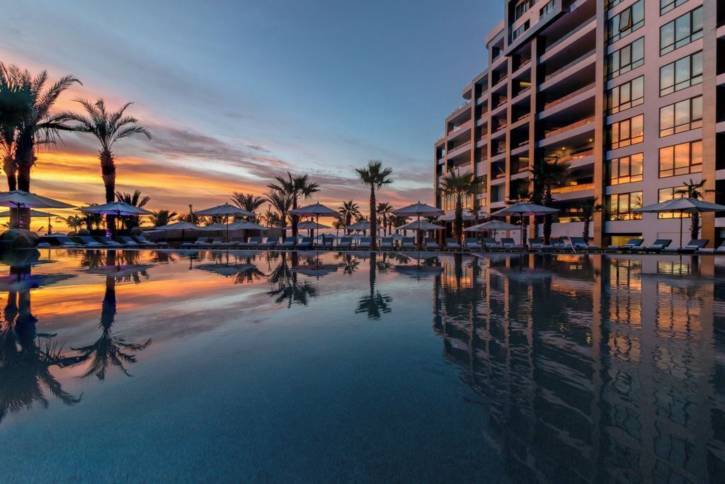 A hotel pool with sun loungers and umbrellas, surrounded by palm trees and a modern building.