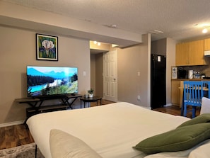 Ein Schlafzimmer mit einem Bett, einem Fernseher der eine Landschaft zeigt, einem kleinen Tisch mit einer Pflanze sowie einer Küchenzeile mit Holzausstattung und einem Kühlschrank.