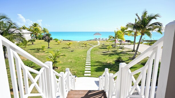 Una escalera que lleva a una playa con palmeras y un pabellón.