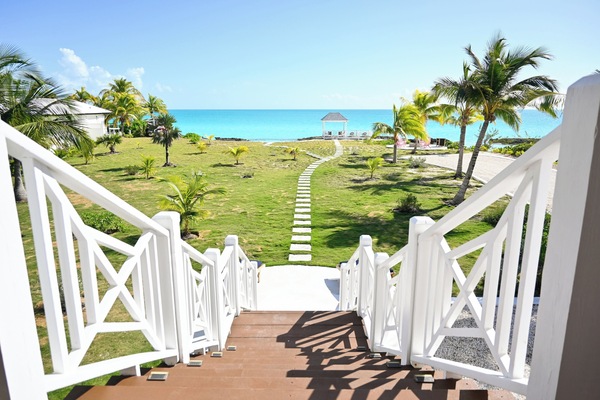 Stairs to beautiful blue Caribbean Ocean.