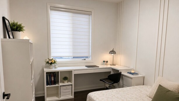 Een slaapkamer met een bed, een bureau met stoel, een raam met jaloezieën, een boekenplank en een deur.