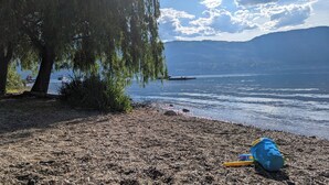 En vacker utsikt över sjön med en brygga, träd och en stenstrand.