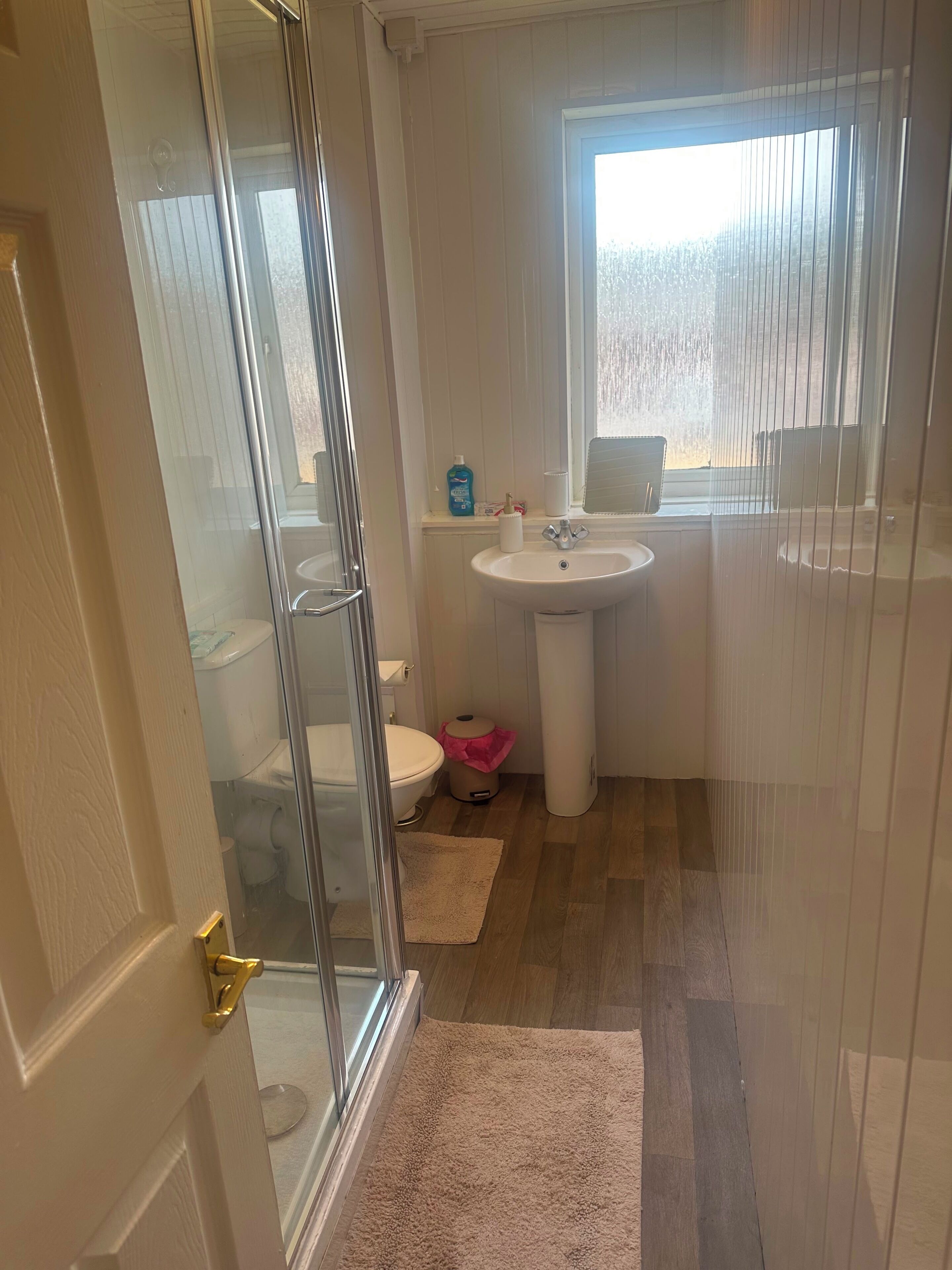 Shower, towels, soap, toilet paper