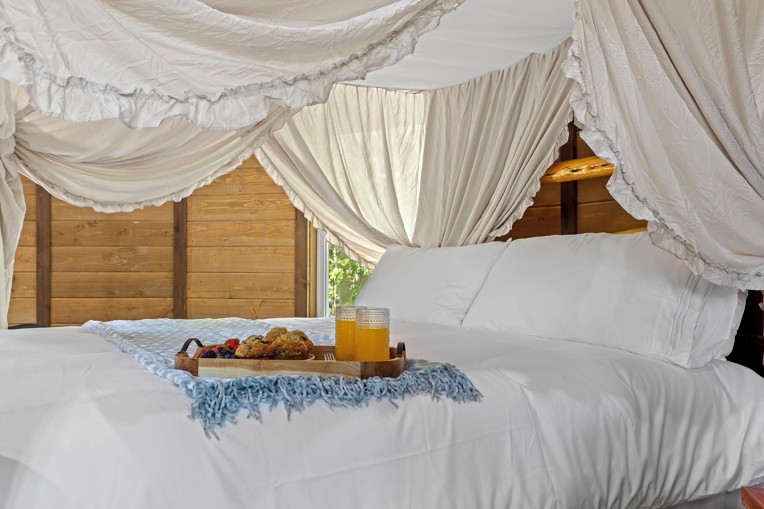 A bed with a canopy, a tray with muffins and a glass of juice, and a blue knitted throw.