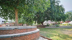 Edifício de tijolos com degraus, cercado por grama e árvores.