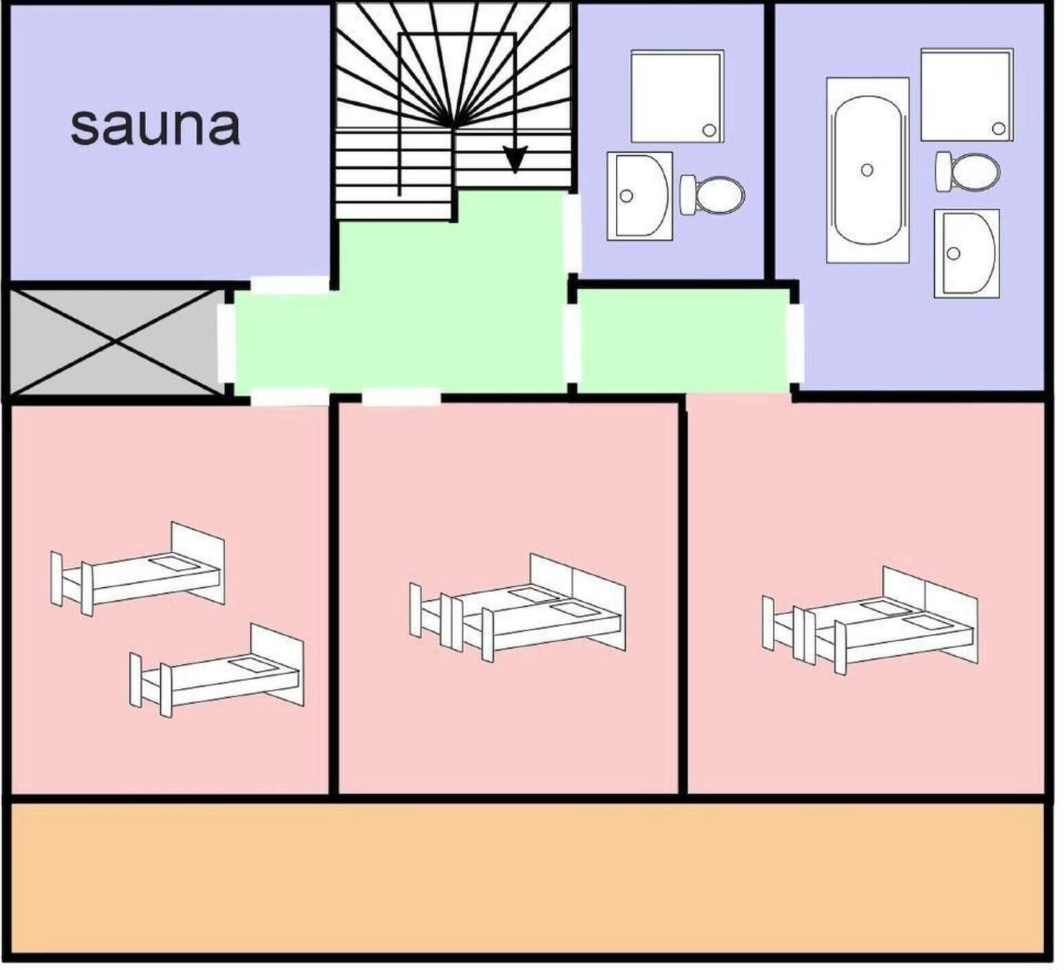 Un plan d’étage comprenant un sauna, trois chambres et une salle de bain.