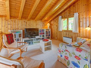 A cozy cabin interior with wooden walls, a television, bookshelves, a sofa, and a chair. - Chalet Krokus by Interhome (Thyon-Les Collons)