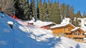A snow-covered ski slope with a wooden lodge and a red safety net. - Chalet Bryher by Interhome (Thyon-Les Collons)