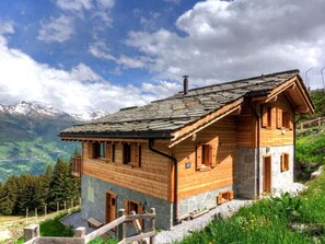 Une cabane en bois située en montagne, avec des fondations en pierre, des fenêtres en bois et une cheminée en pierre.