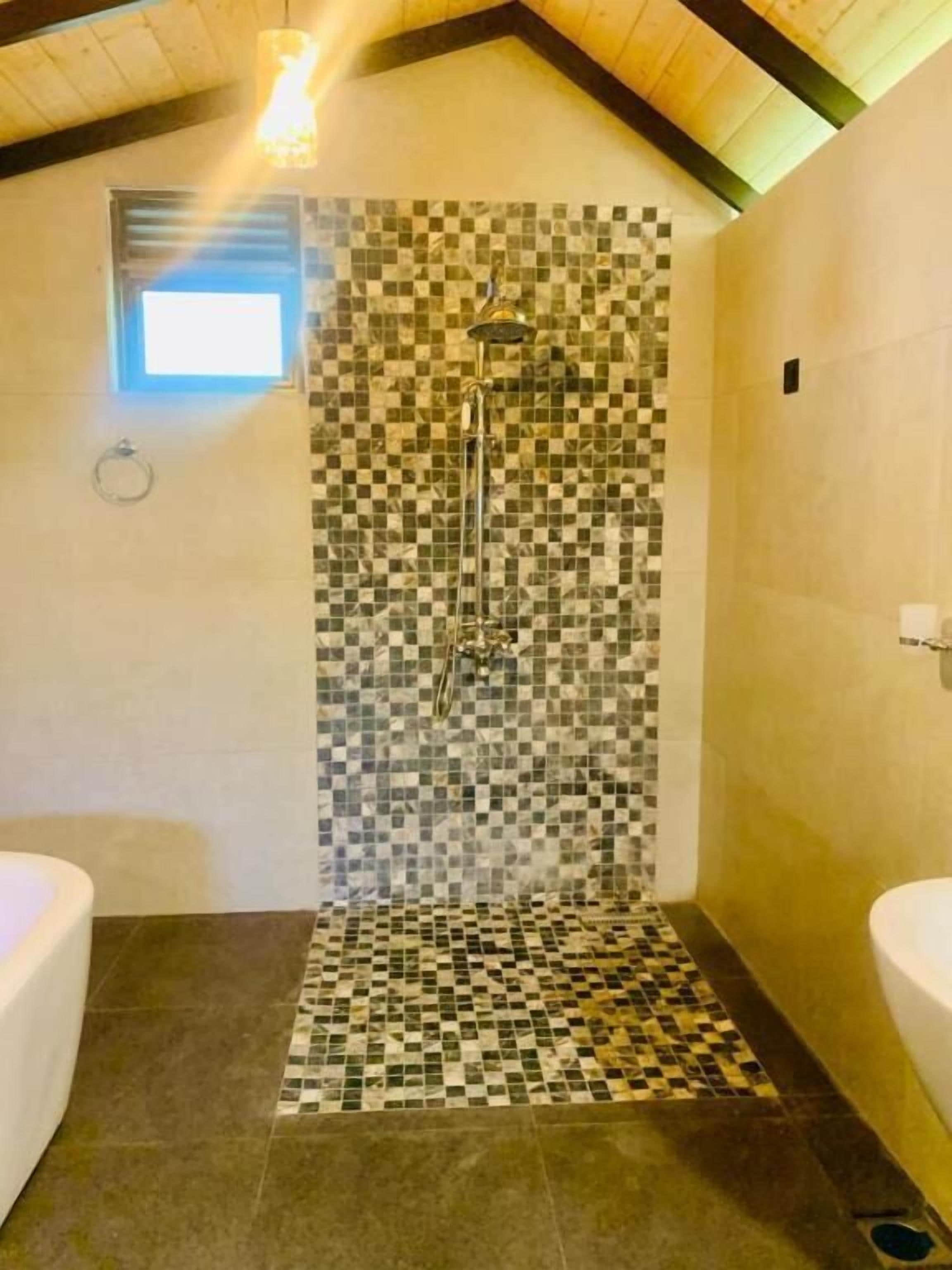 Une salle de bain avec un mur de douche à carreaux, une baignoire et une fenêtre.