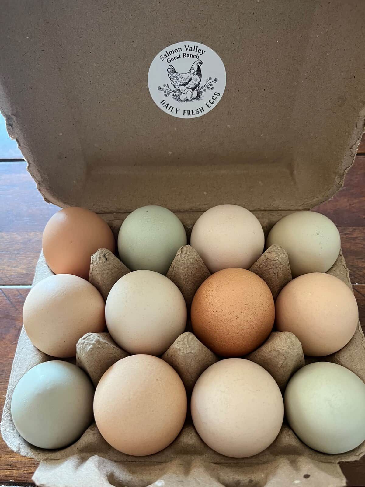 A carton of eggs with a label indicating they are from Salmon Valley Guest Ranch.