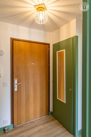 A wooden door with a handle, a light fixture above, and a green wall with a mirror. - Ô Lago - AIX-LES-BAINS (AIX LES BAINS)
