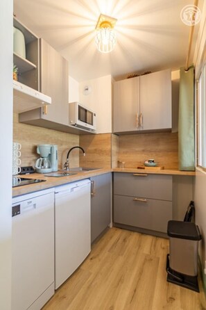 A compact kitchen with white cabinetry, a microwave, a coffee maker, and a sink. - Ô Lago - AIX-LES-BAINS (AIX LES BAINS)