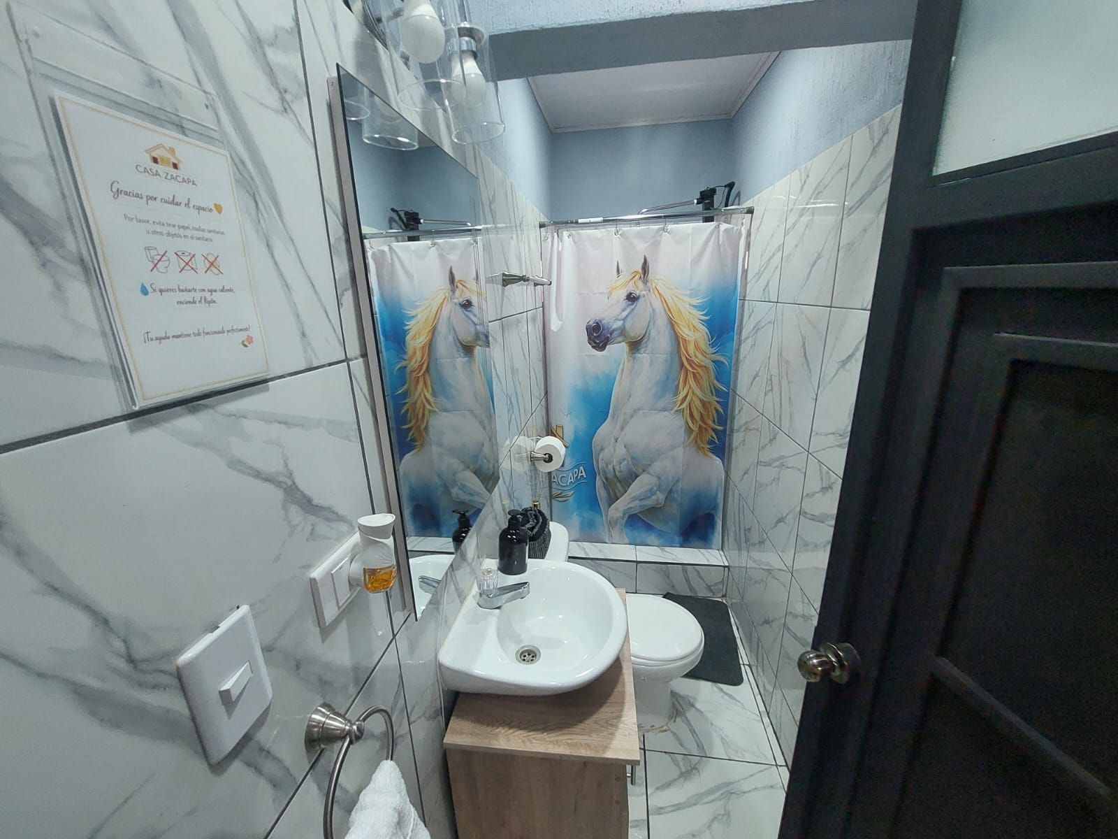 A bathroom with a white sink, a mirror, a toilet, and a shower curtain with a horse design.