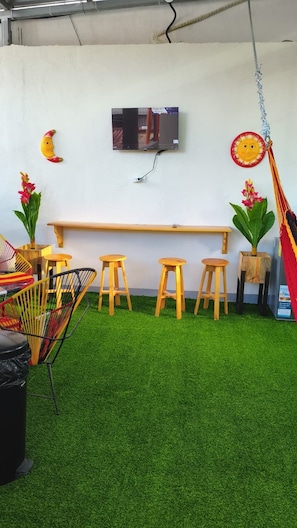 A room with a green artificial grass floor, a wooden bench, four wooden stools, a television mounted on the wall, and two potted plants with red flowers.