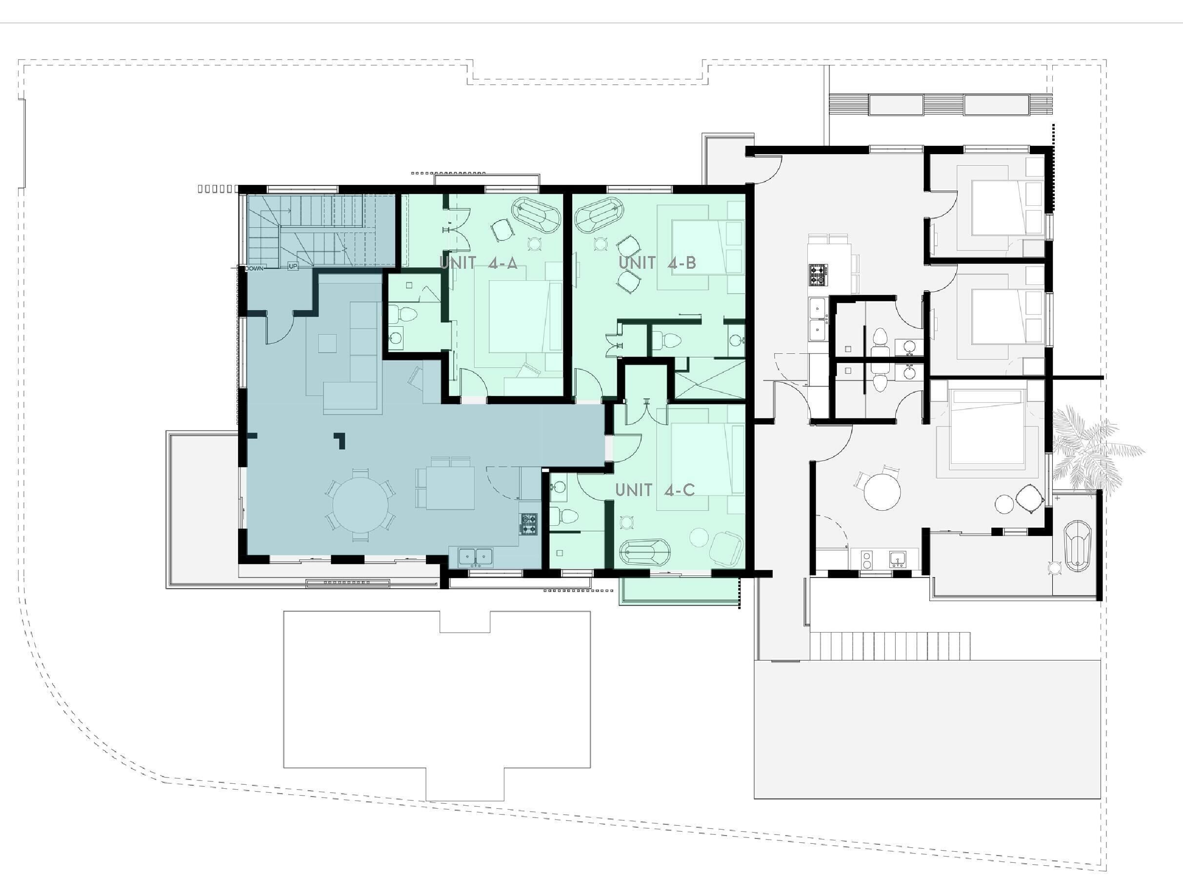 A floor plan with three units, each with a bathroom, a bedroom, and a living area.