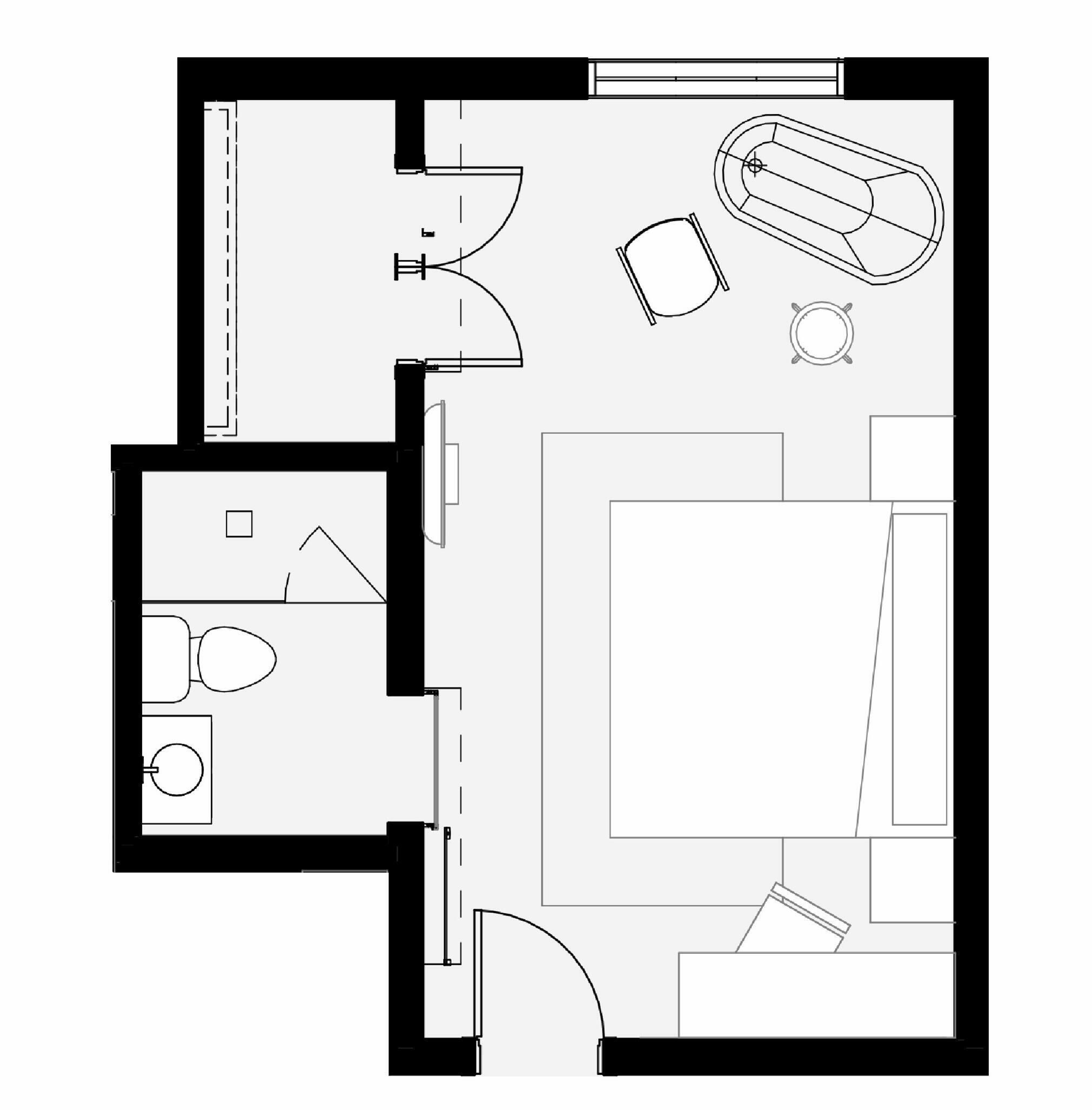 A floor plan with a living area, kitchen, and a bathroom.
