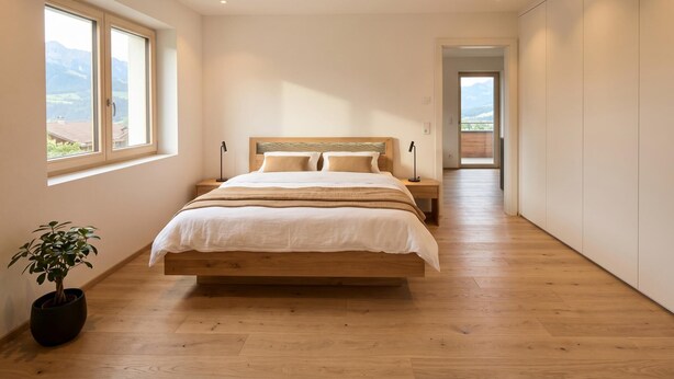 A bedroom with a wooden bed, a nightstand, a potted plant, and a view of mountains through a window. - Stylish apartment with sauna, by the slopes (Brixen im Thale)