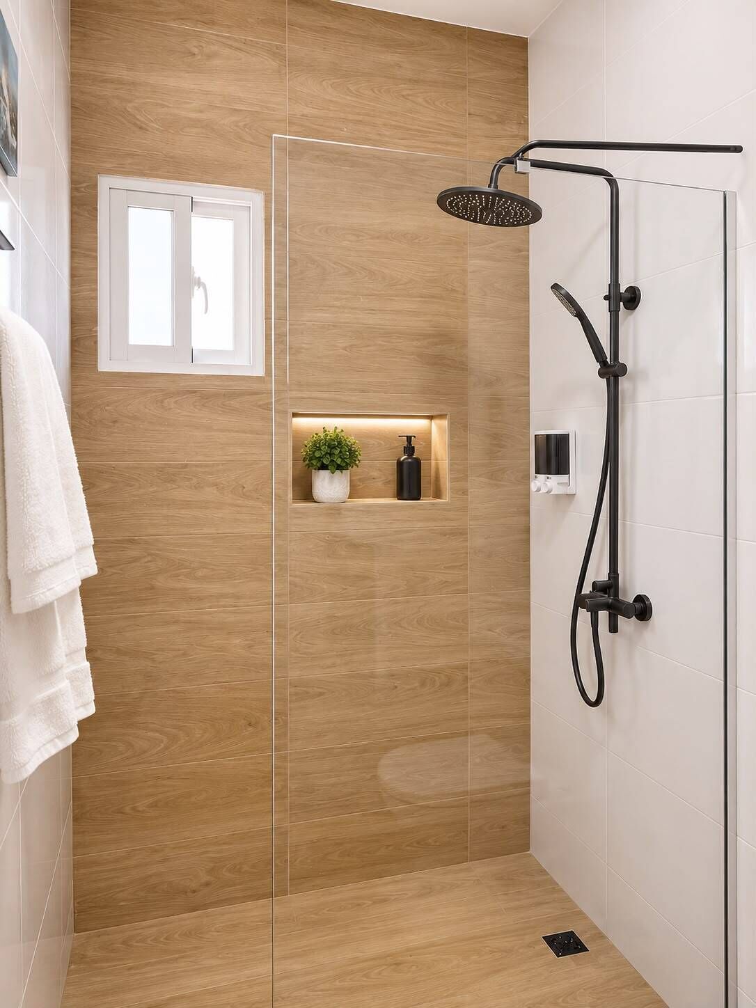 Shower, towels, soap, toilet paper