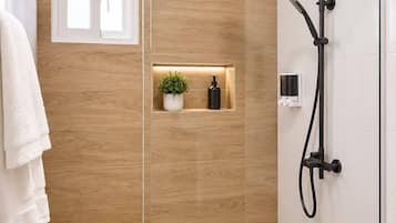 Shower, towels, soap, toilet paper