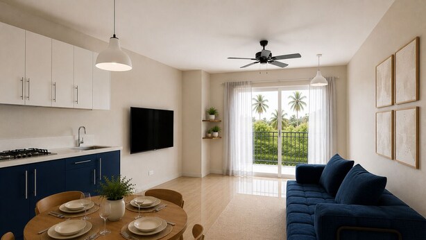 A modern kitchen with a dining area, a blue sofa, and a balcony with a view of palm trees.