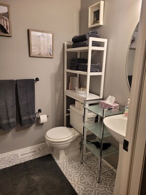 Hair dryer, towels, soap, toilet paper - Charming Beltline Townhouse Studio (Calgary)