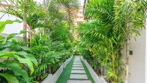 Un sendero estrecho bordeado por abundante vegetación y macetas blancas, que conduce a un edificio con balcones.