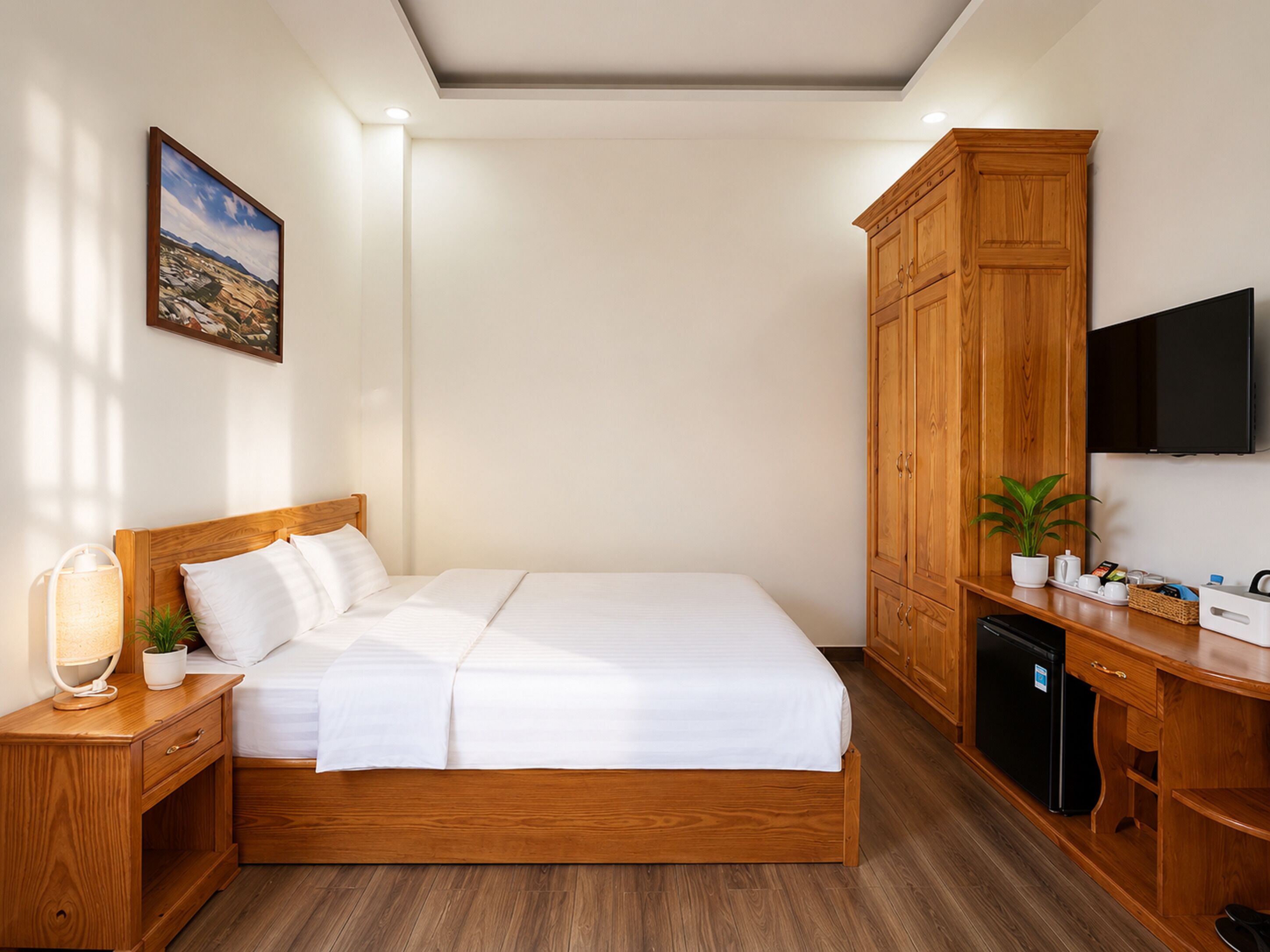 Een slaapkamer met een houten bed, een nachtkastje met lamp, een televisie en een houten kledingkast.