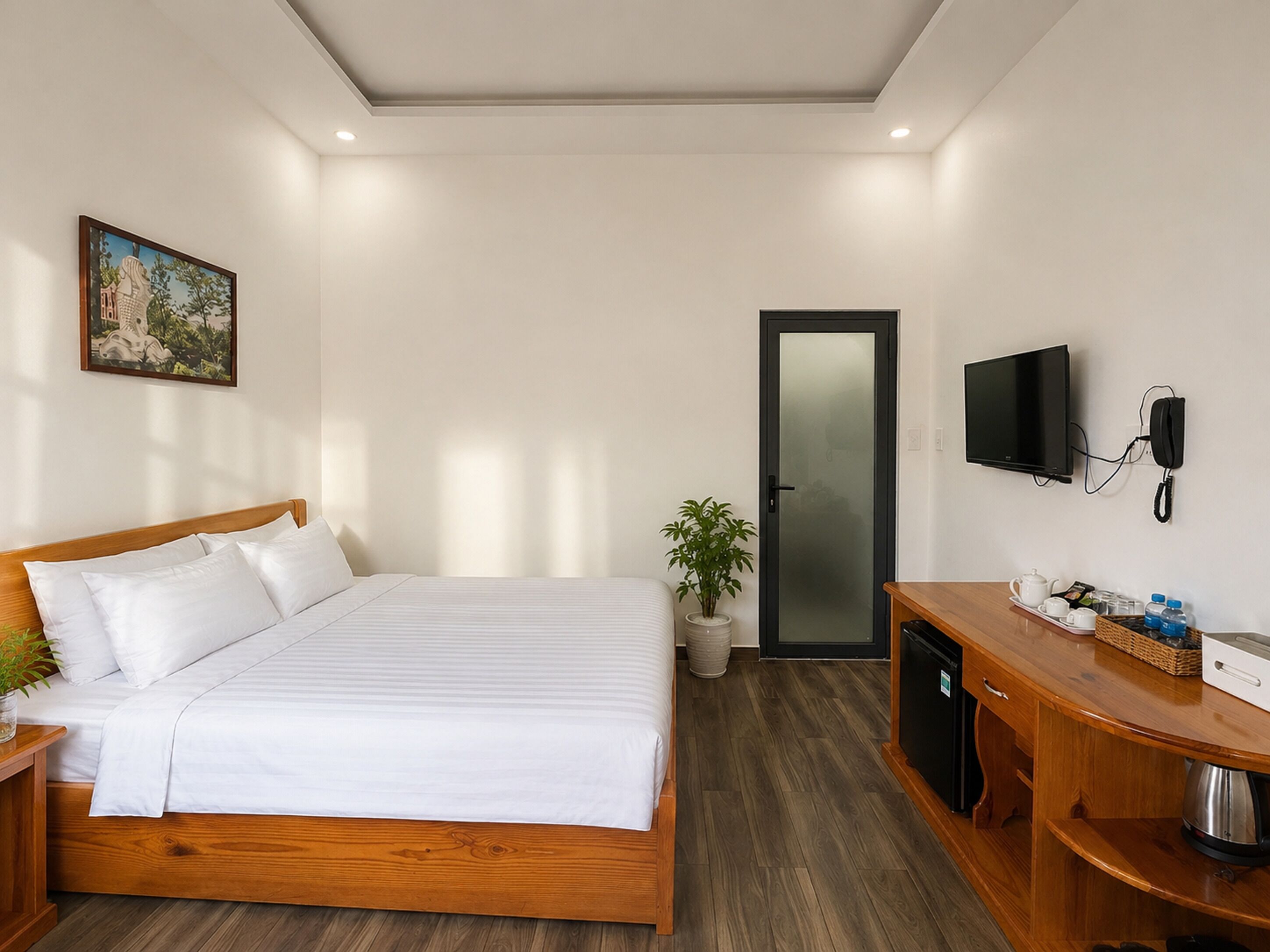 A hotel room with a bed, bedside table, a potted plant, a desk with a telephone, and a television mounted on the wall.
