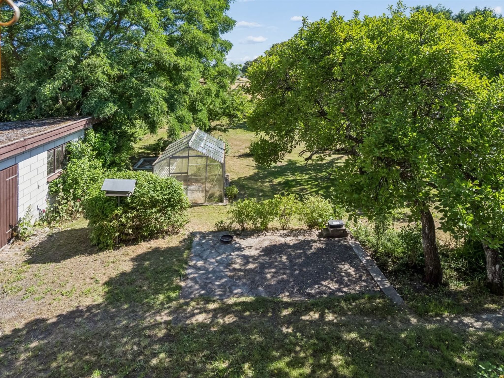 Un jardín con un invernadero, un cobertizo pequeño y un árbol.