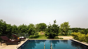 Ein Pool mit Liegestühlen und einer Rasenfläche mit Bäumen.