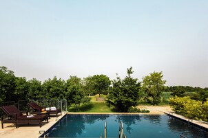 Piscina con sillas de descanso y un césped con árboles.