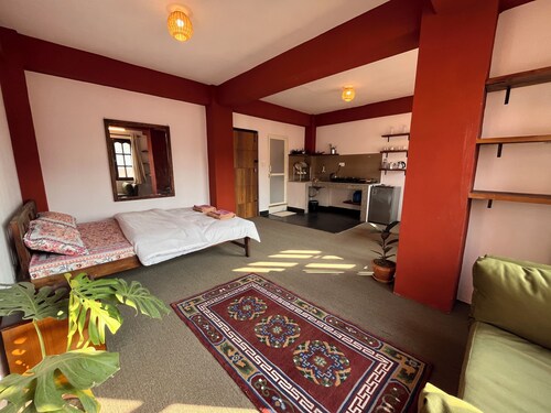 A peaceful abode in the center of Boudha. Located in a quiet cul-de-sac.