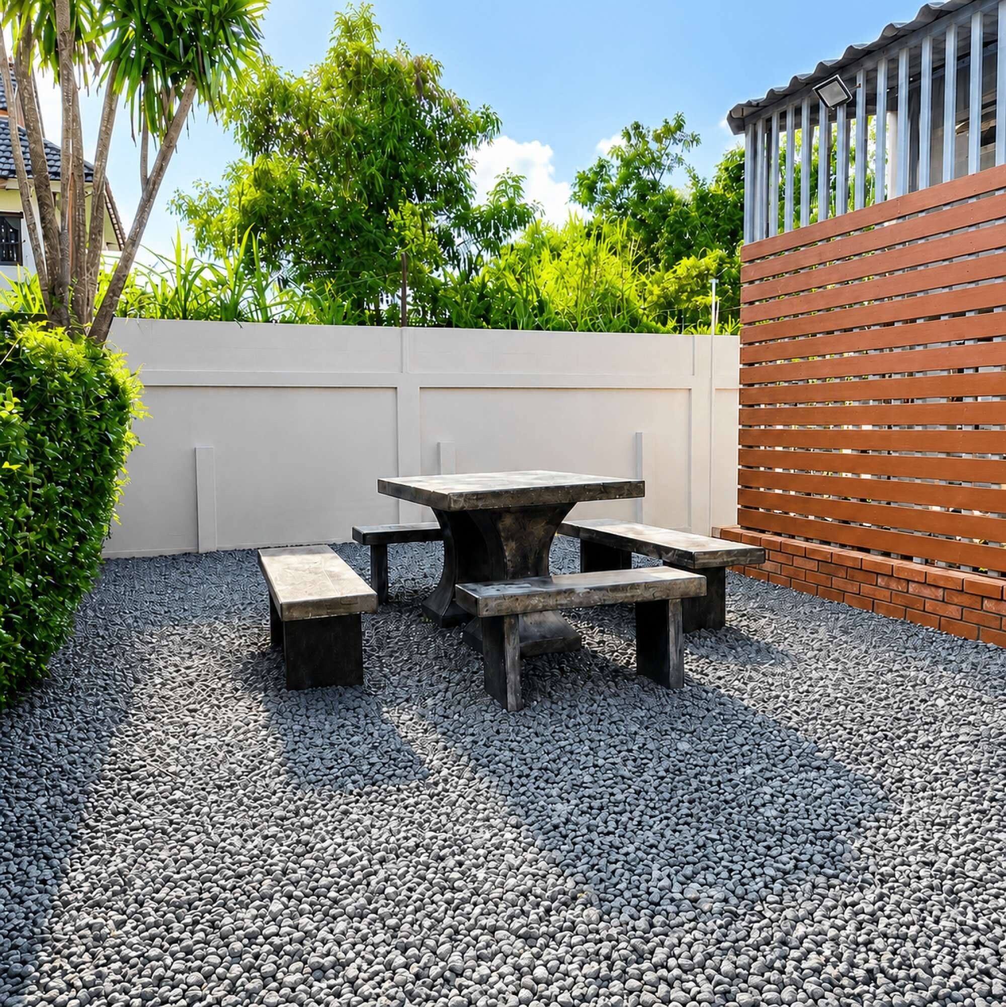 An outdoor patio area with a table and benches, surrounded by a white wall and a brick fence.