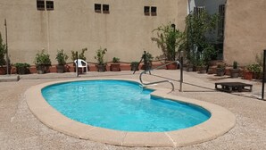 Una piscina con bordo in cemento, circondata da piante in vaso e una sedia bianca.