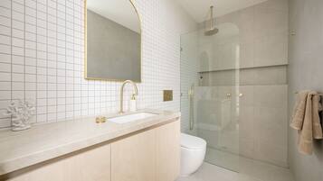 Shower, hair dryer, towels