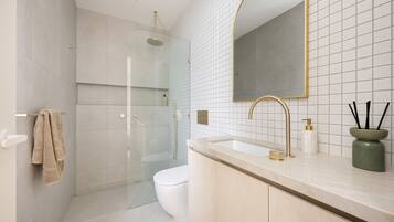 Shower, hair dryer, towels