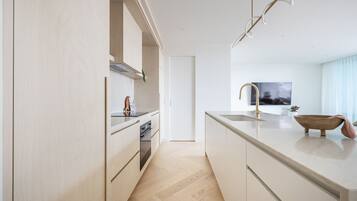 Coffee/tea maker, fridge, oven, stovetop