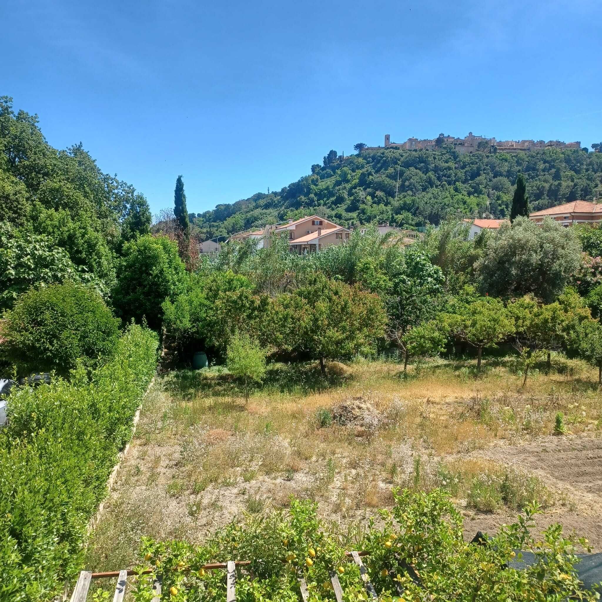 Paesaggio rurale con un villaggio collinare, alberi e cielo sereno.