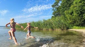Een helder waterlichaam, omgeven door weelderige begroeiing en bomen.