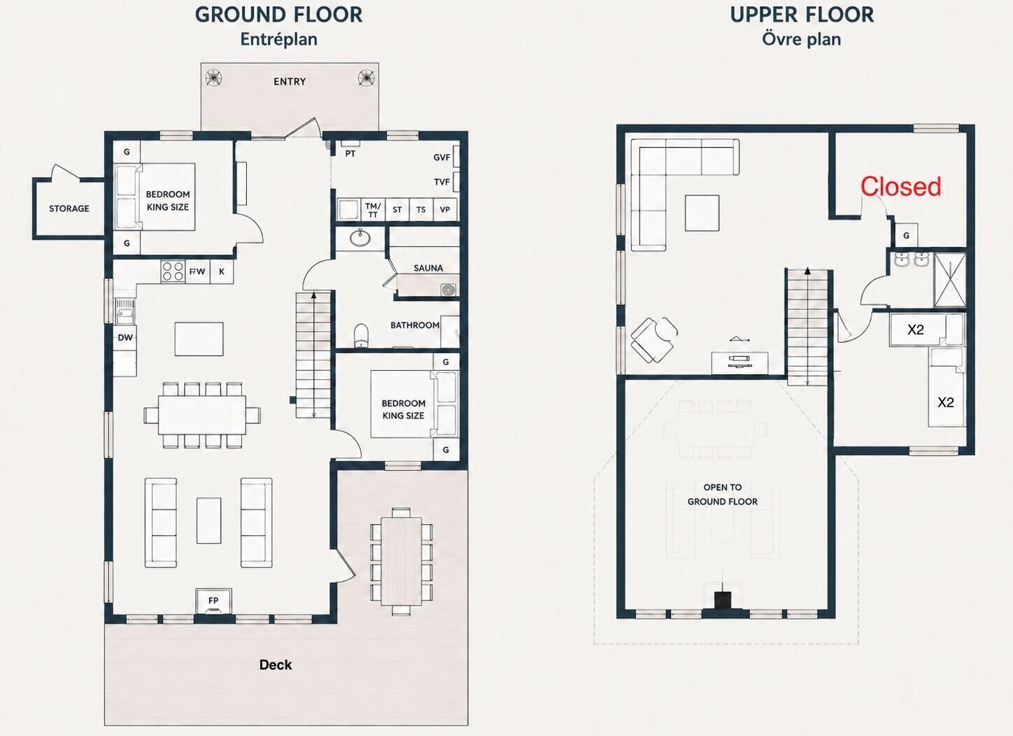 A hotel layout with a ground floor and upper floor plan, including a deck area.